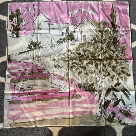 VERA NEUMANN vintage Pink and Green Scenic Print Scarf-/- rare landscape! - Picture 3 of 10